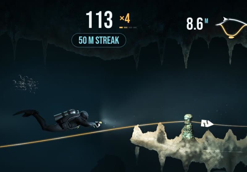 A 50 m streak at ×4: the guideline glows gold
